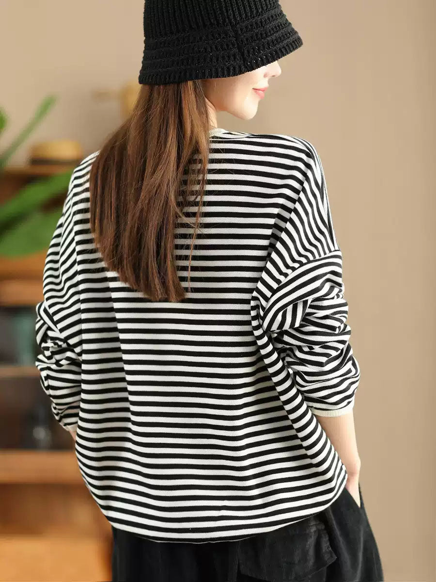 Women Casual Autumn Stripe O-Neck Cotton Blouse