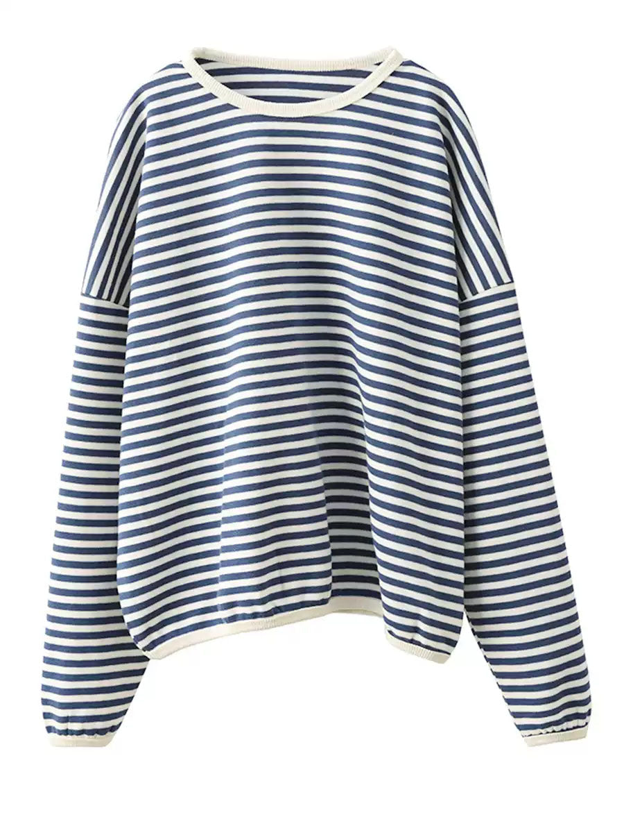 Women Casual Autumn Stripe O-Neck Cotton Blouse