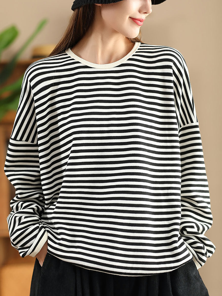 Women Casual Autumn Stripe O-Neck Cotton Blouse