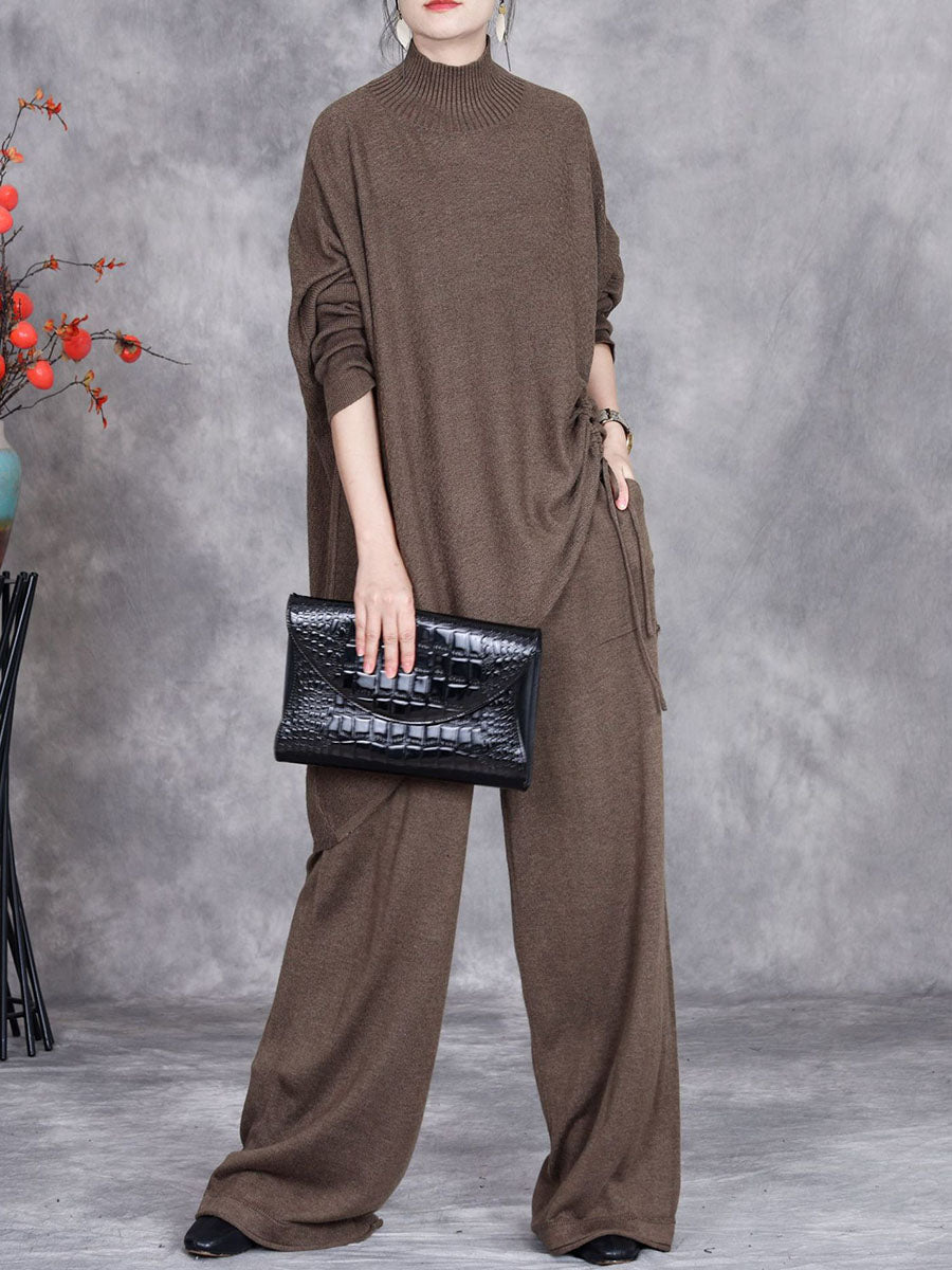 Women Autumn Artsy Solid Half Turtleneck Strap Knit Suits