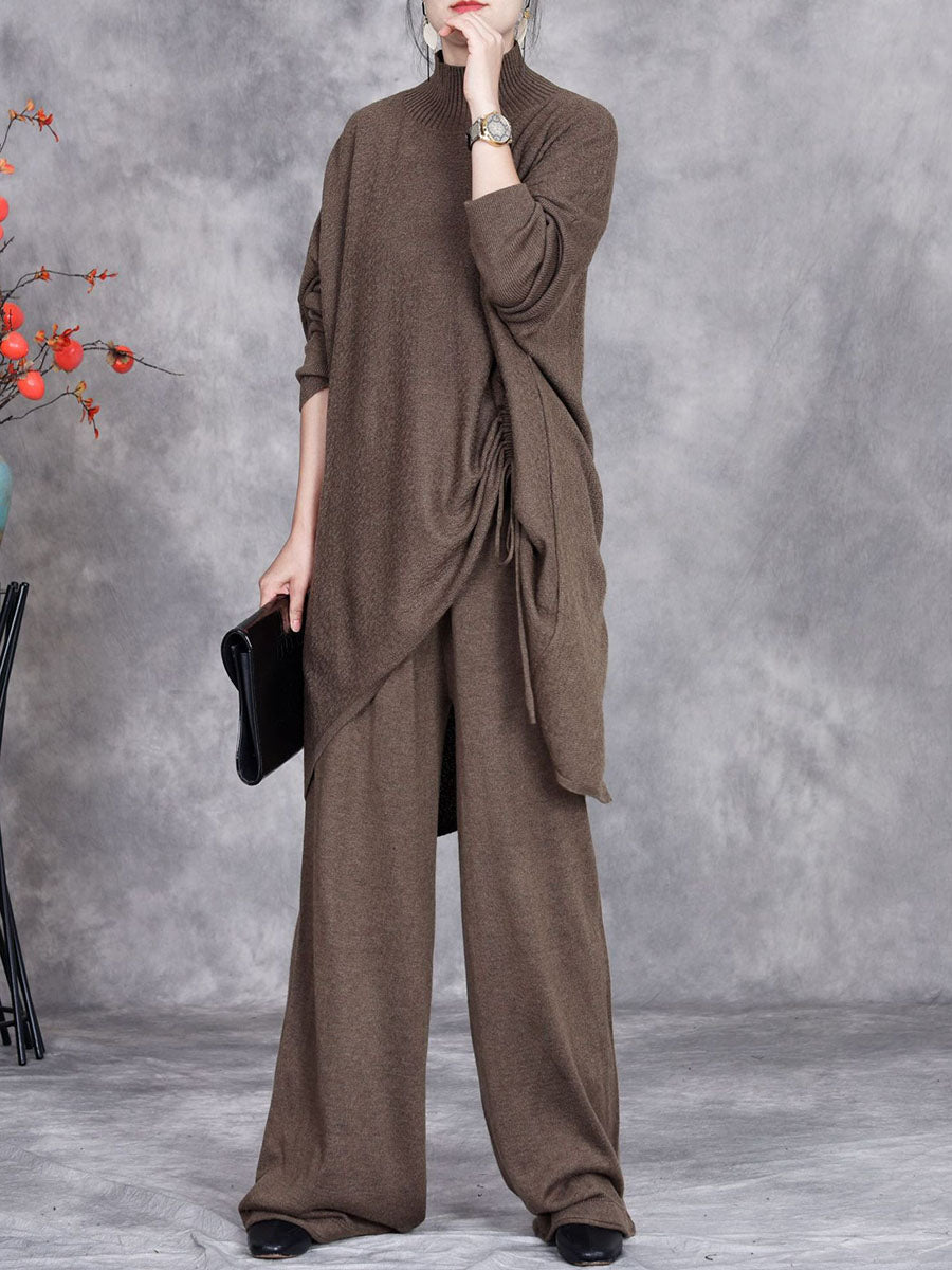 Women Autumn Artsy Solid Half Turtleneck Strap Knit Suits