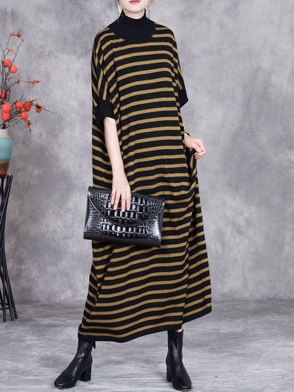 Women Autumn Stripe Short Sleeve Half Turtleneck Knit Dress