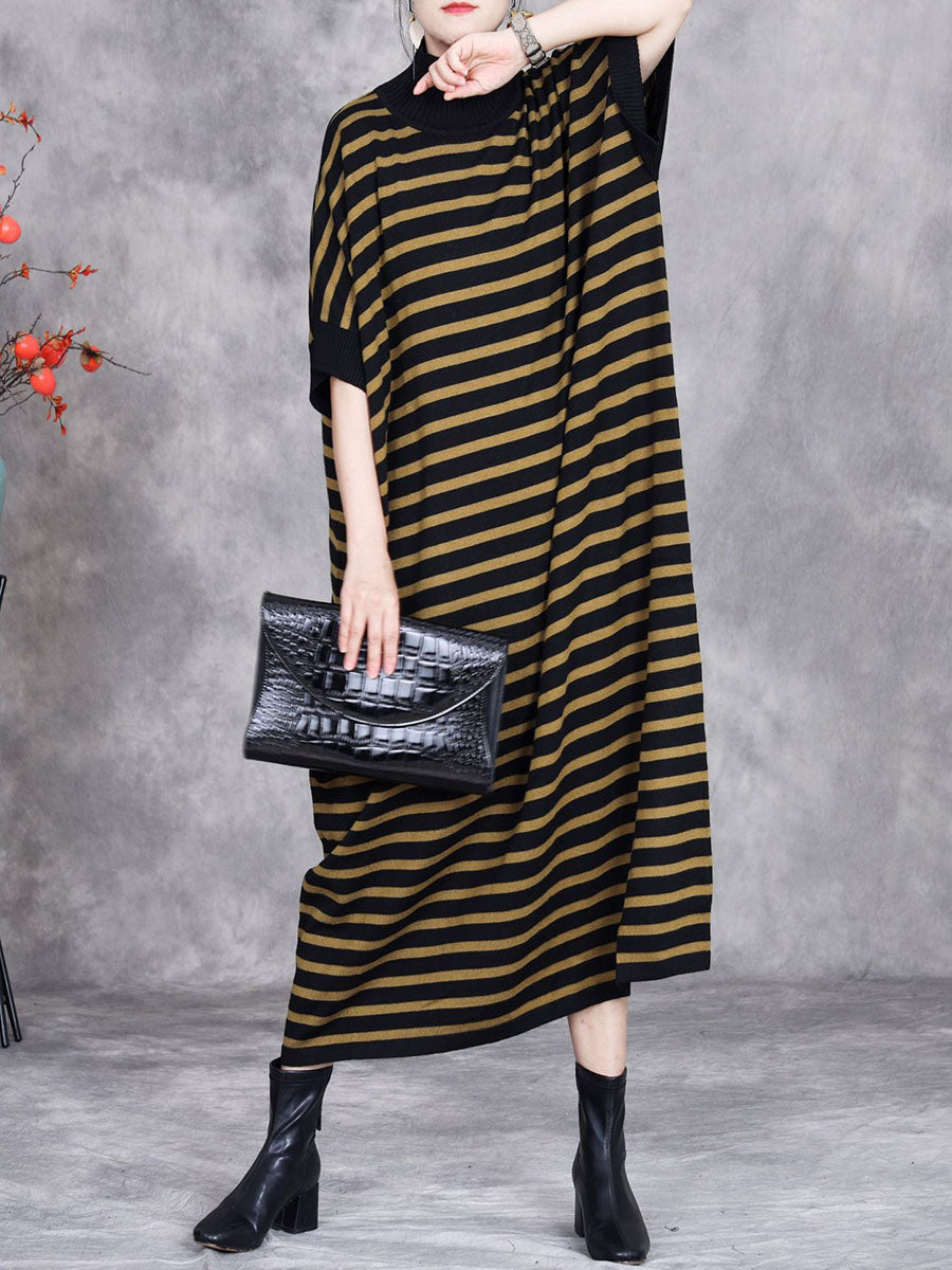 Women Autumn Stripe Short Sleeve Half Turtleneck Knit Dress