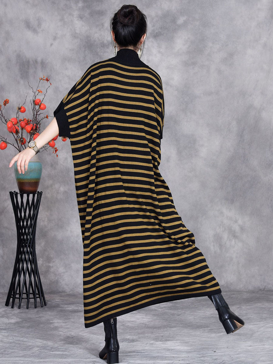 Women Autumn Stripe Short Sleeve Half Turtleneck Knit Dress