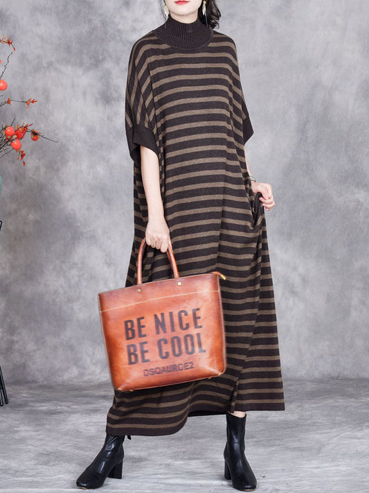 Women Autumn Stripe Short Sleeve Half Turtleneck Knit Dress