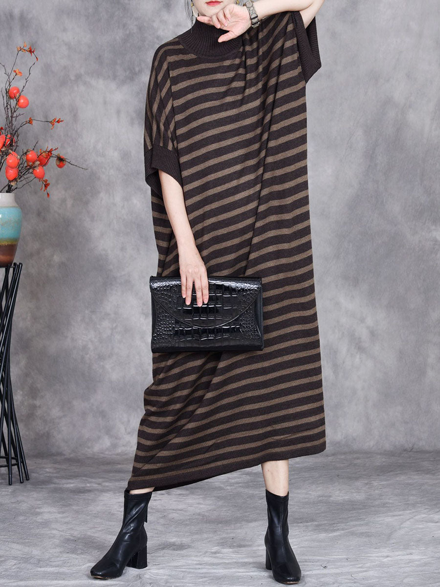 Women Autumn Stripe Short Sleeve Half Turtleneck Knit Dress