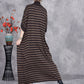 Women Autumn Stripe Short Sleeve Half Turtleneck Knit Dress