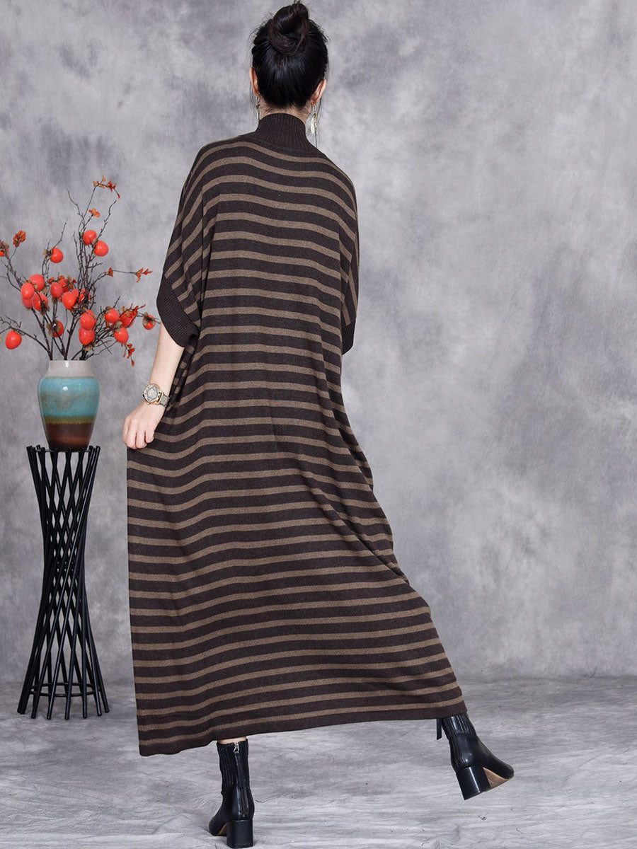 Women Autumn Stripe Short Sleeve Half Turtleneck Knit Dress