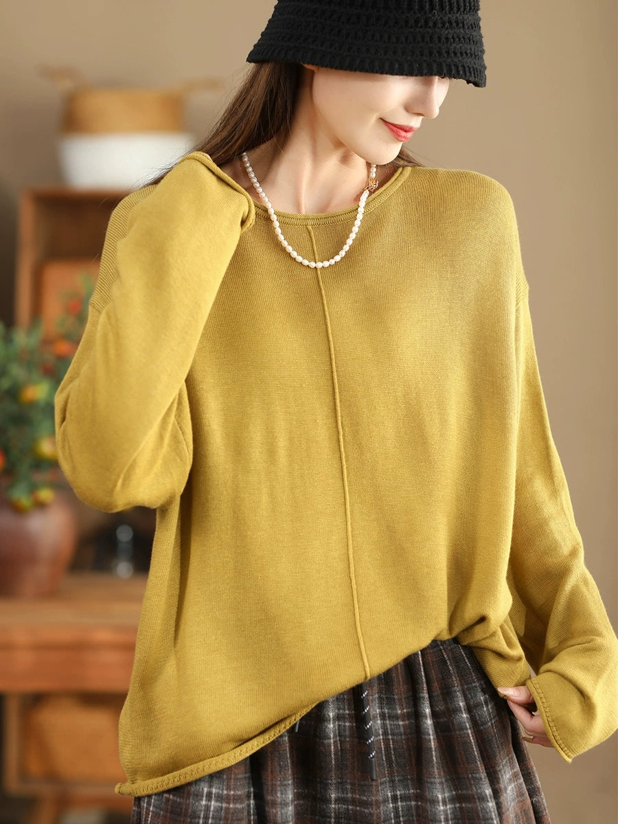 Women Solid Casual O-Neck Knit Loose Silk Blouse