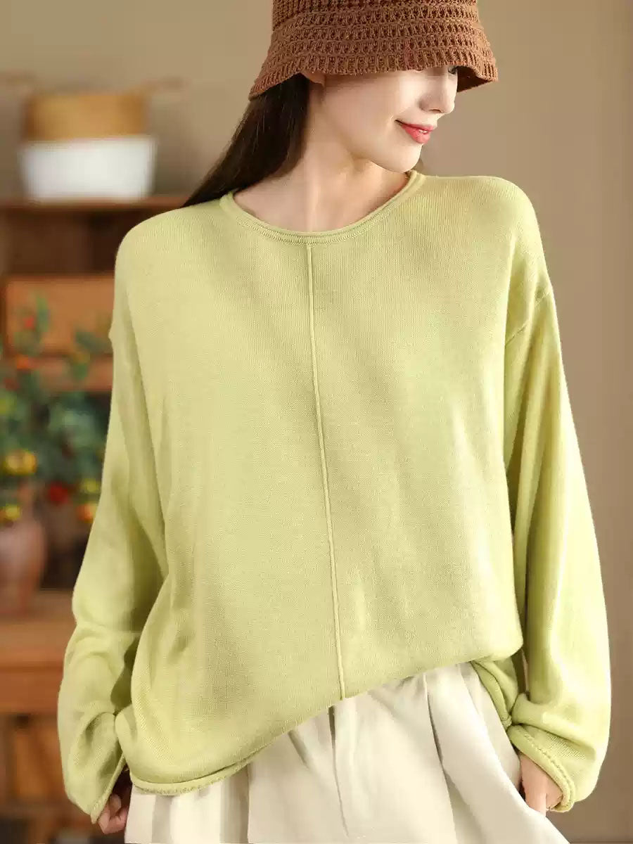 Women Solid Casual O-Neck Knit Loose Silk Blouse