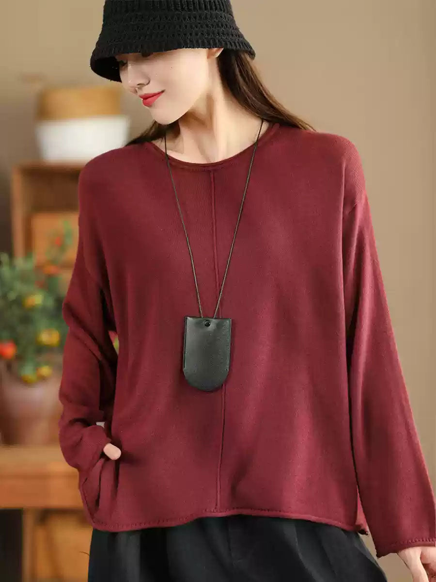 Women Solid Casual O-Neck Knit Loose Silk Blouse