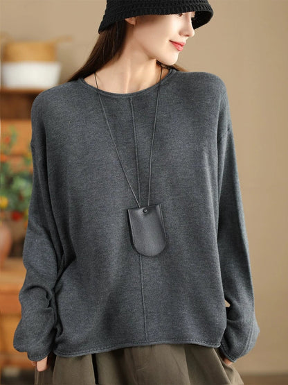 Women Solid Casual O-Neck Knit Loose Silk Blouse