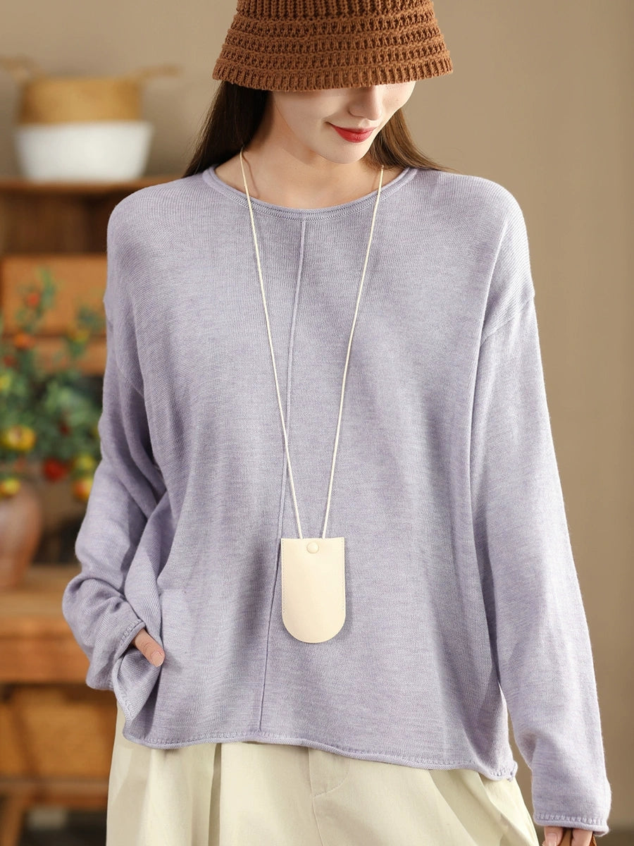 Women Solid Casual O-Neck Knit Loose Silk Blouse