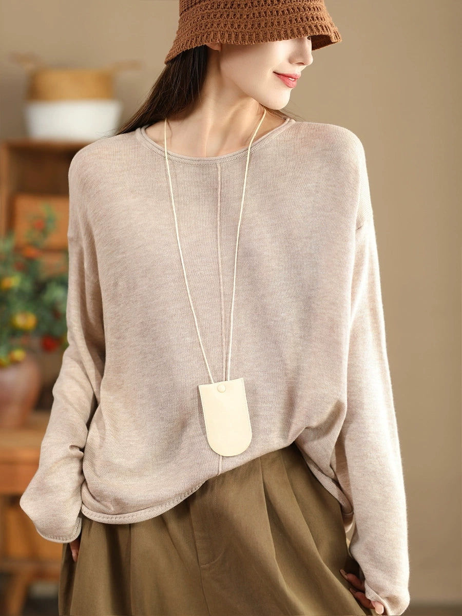 Women Solid Casual O-Neck Knit Loose Silk Blouse