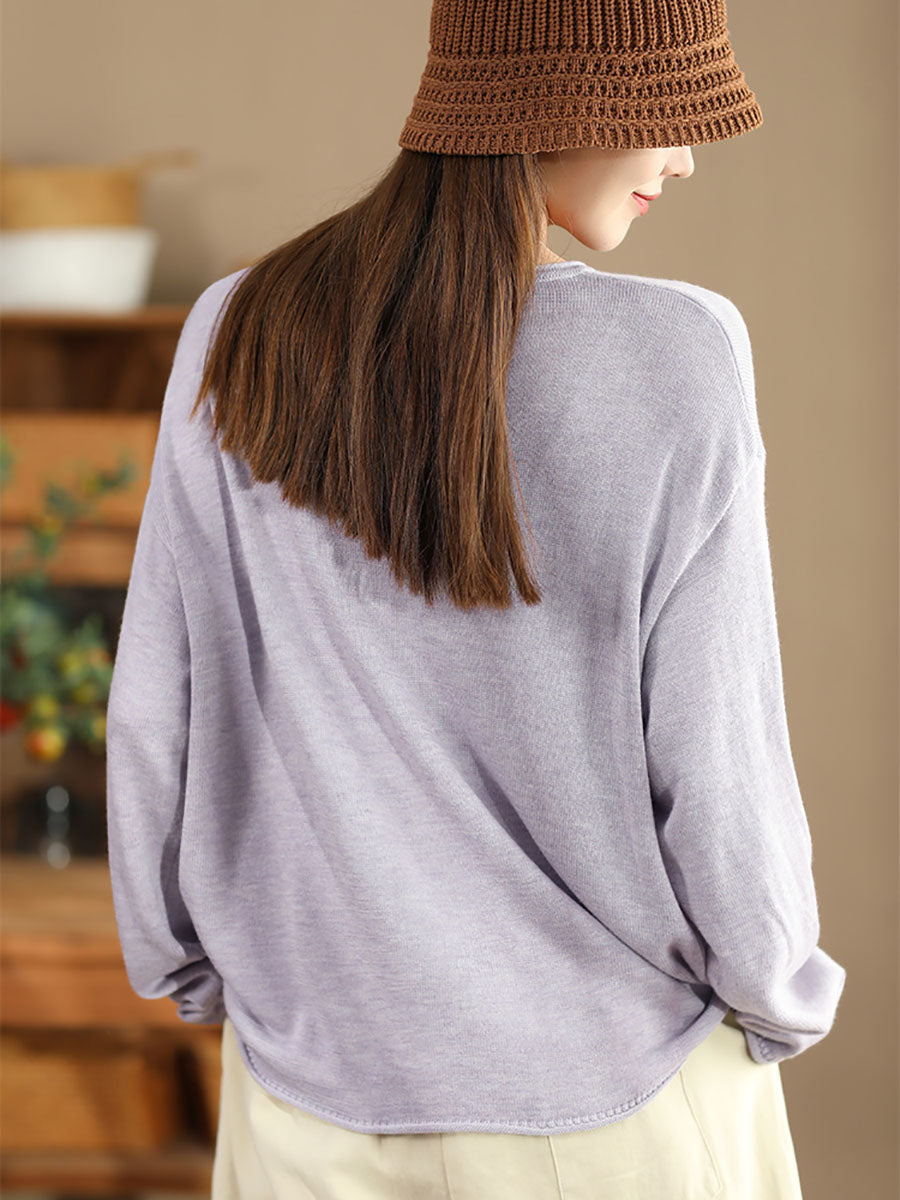 Women Solid Casual O-Neck Knit Loose Silk Blouse