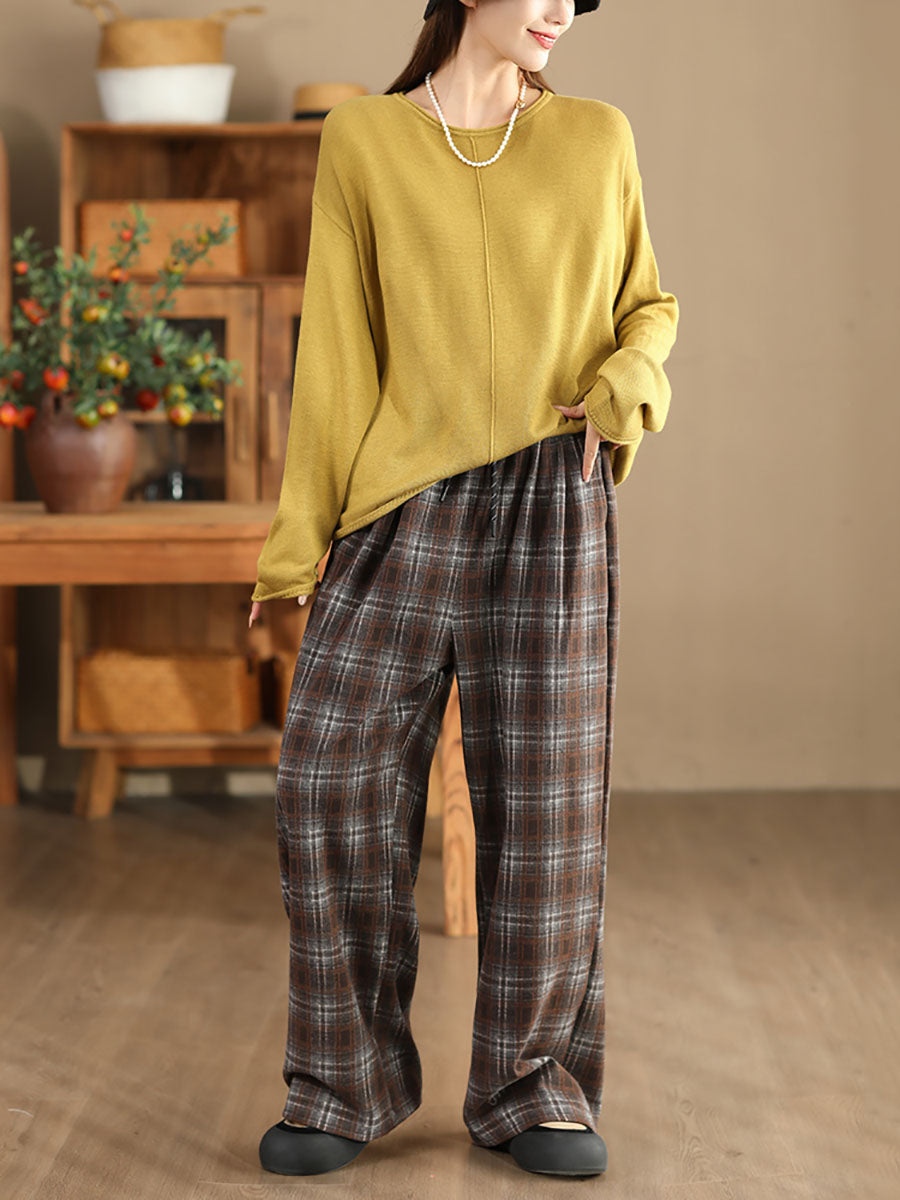 Women Solid Casual O-Neck Knit Loose Silk Blouse