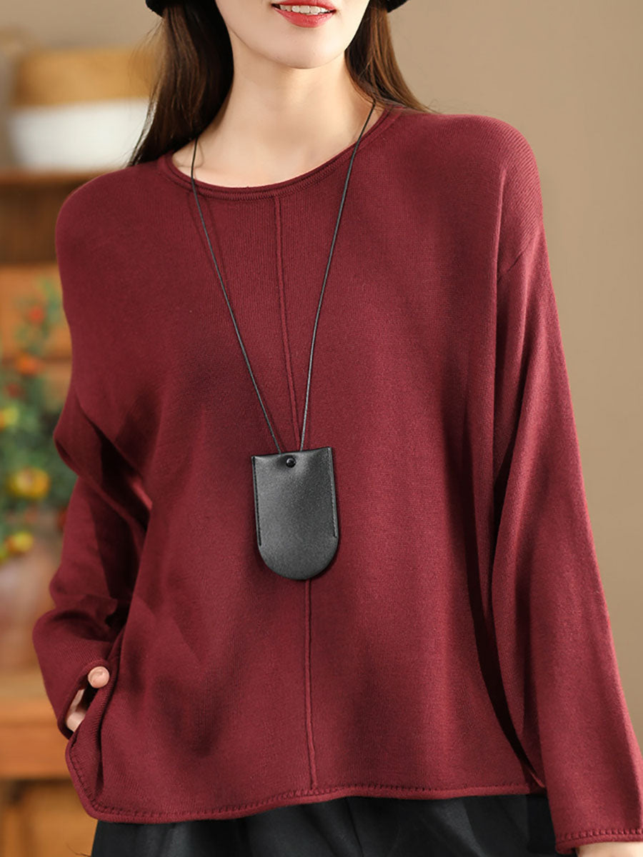 Women Solid Casual O-Neck Knit Loose Silk Blouse