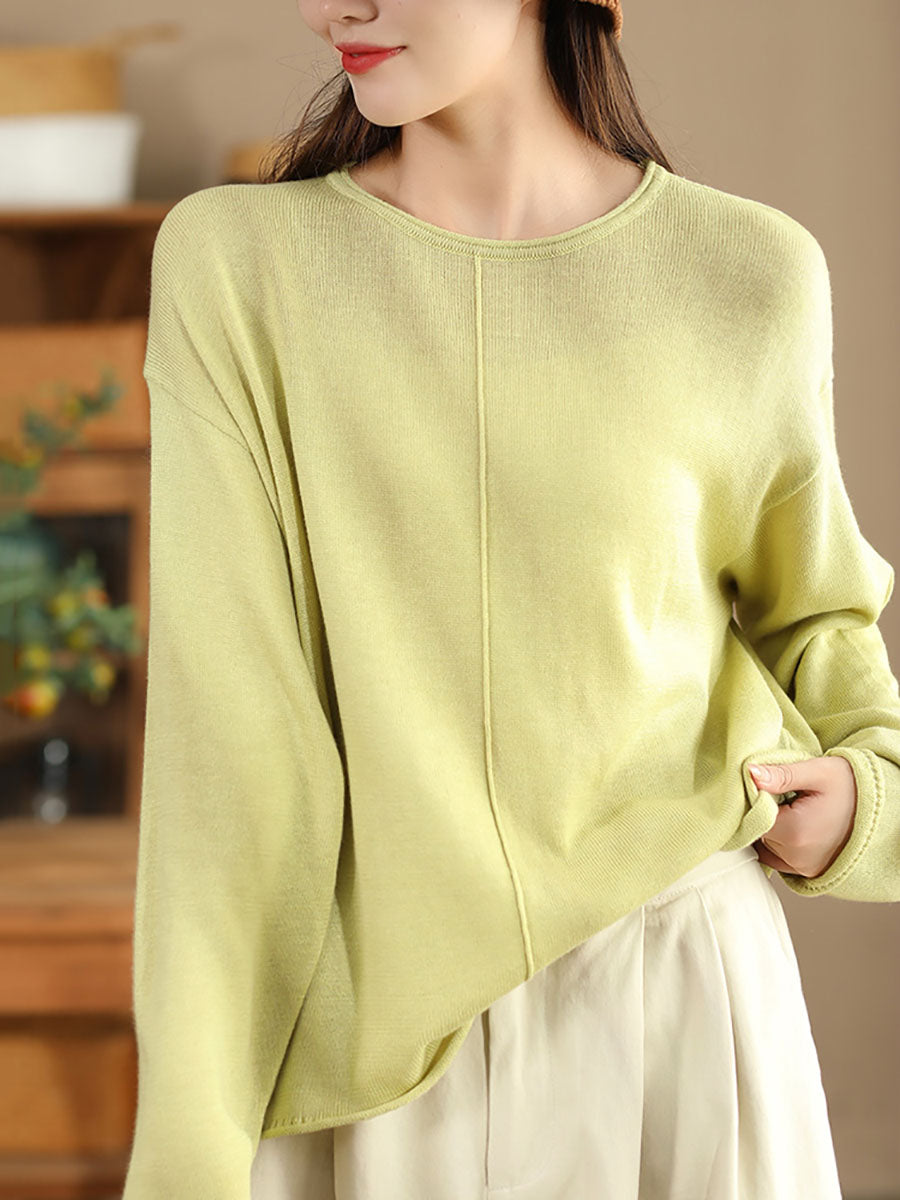 Women Solid Casual O-Neck Knit Loose Silk Blouse