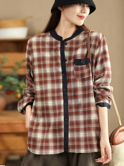 Women Ethnic Autumn Plaid Cotton Colorblock Shirt Coat