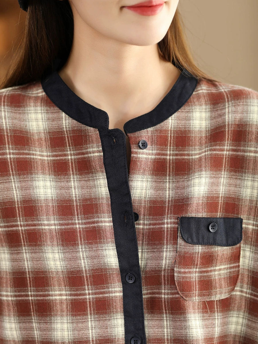 Women Ethnic Autumn Plaid Cotton Colorblock Shirt Coat