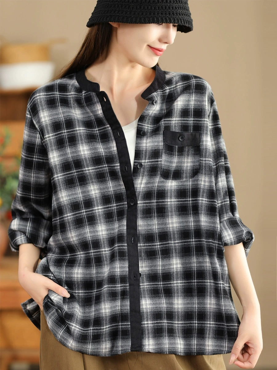 Women Ethnic Autumn Plaid Cotton Colorblock Shirt Coat