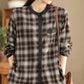 Women Ethnic Autumn Plaid Cotton Colorblock Shirt Coat