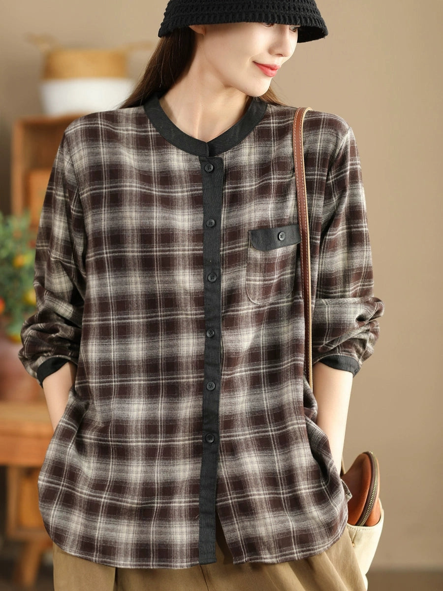 Women Ethnic Autumn Plaid Cotton Colorblock Shirt Coat