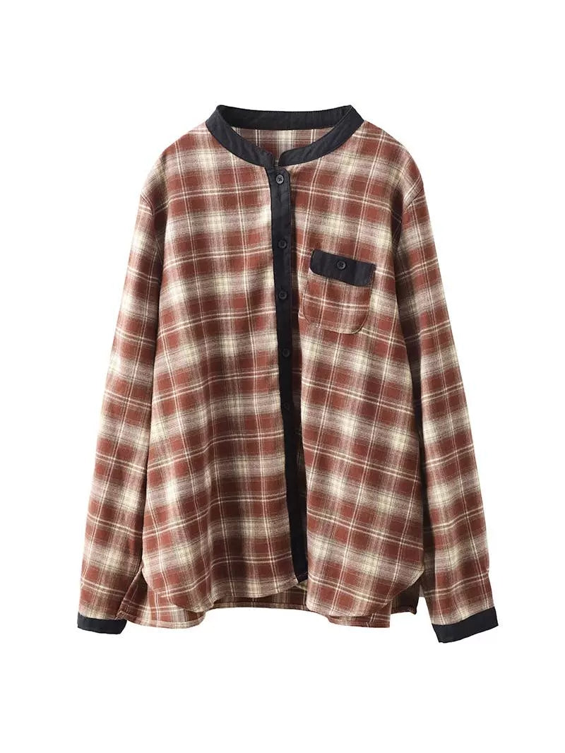 Women Ethnic Autumn Plaid Cotton Colorblock Shirt Coat