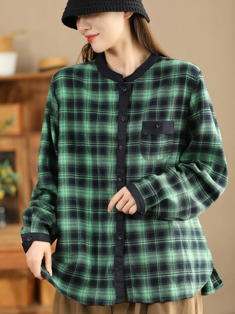 Women Ethnic Autumn Plaid Cotton Colorblock Shirt Coat