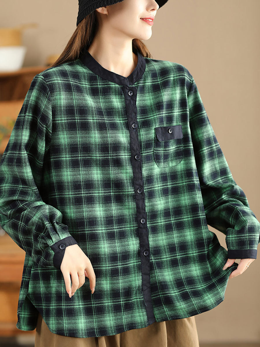 Women Ethnic Autumn Plaid Cotton Colorblock Shirt Coat