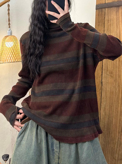 Women Casual Autumn Stripe Knit Turtleneck Sweater