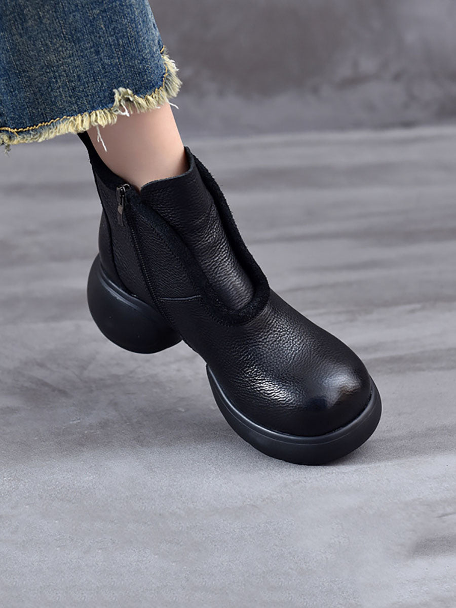 Women Winter Casual Solid Leather Zipper Platform Boots