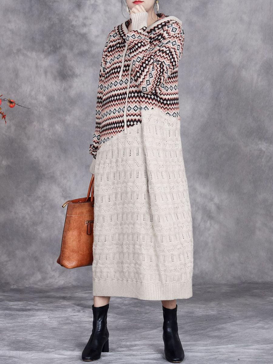 Women Autumn Artsy Spliced Knitted Hooded Dress