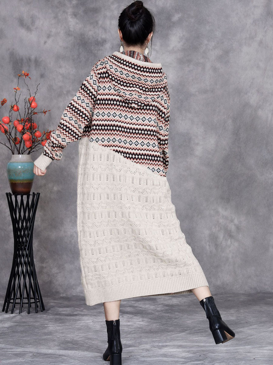 Women Autumn Artsy Spliced Knitted Hooded Dress