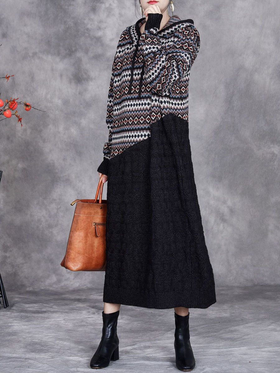 Women Autumn Artsy Spliced Knitted Hooded Dress