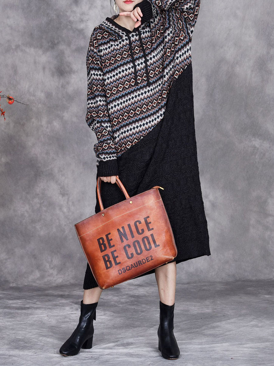 Women Autumn Artsy Spliced Knitted Hooded Dress