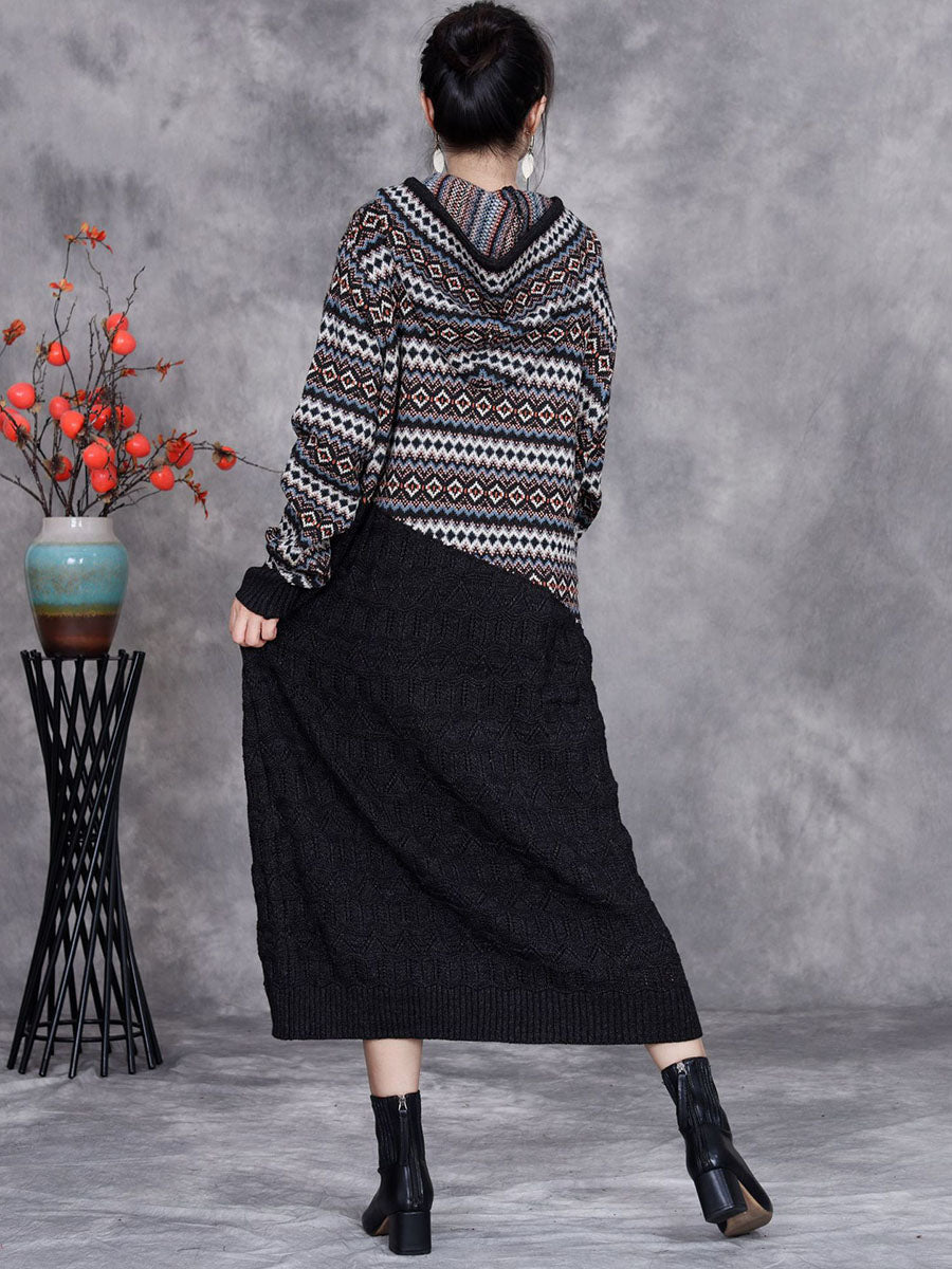 Women Autumn Artsy Spliced Knitted Hooded Dress