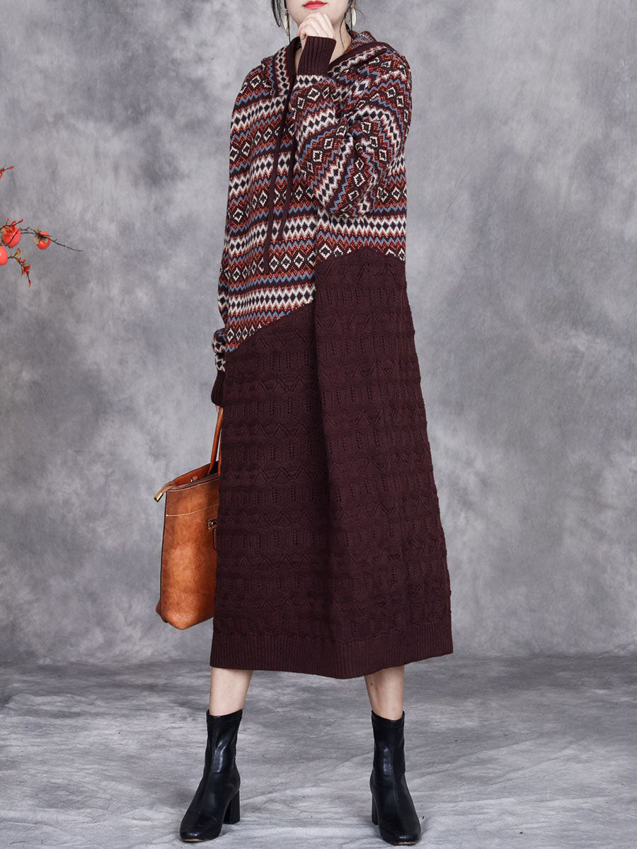 Women Autumn Artsy Spliced Knitted Hooded Dress