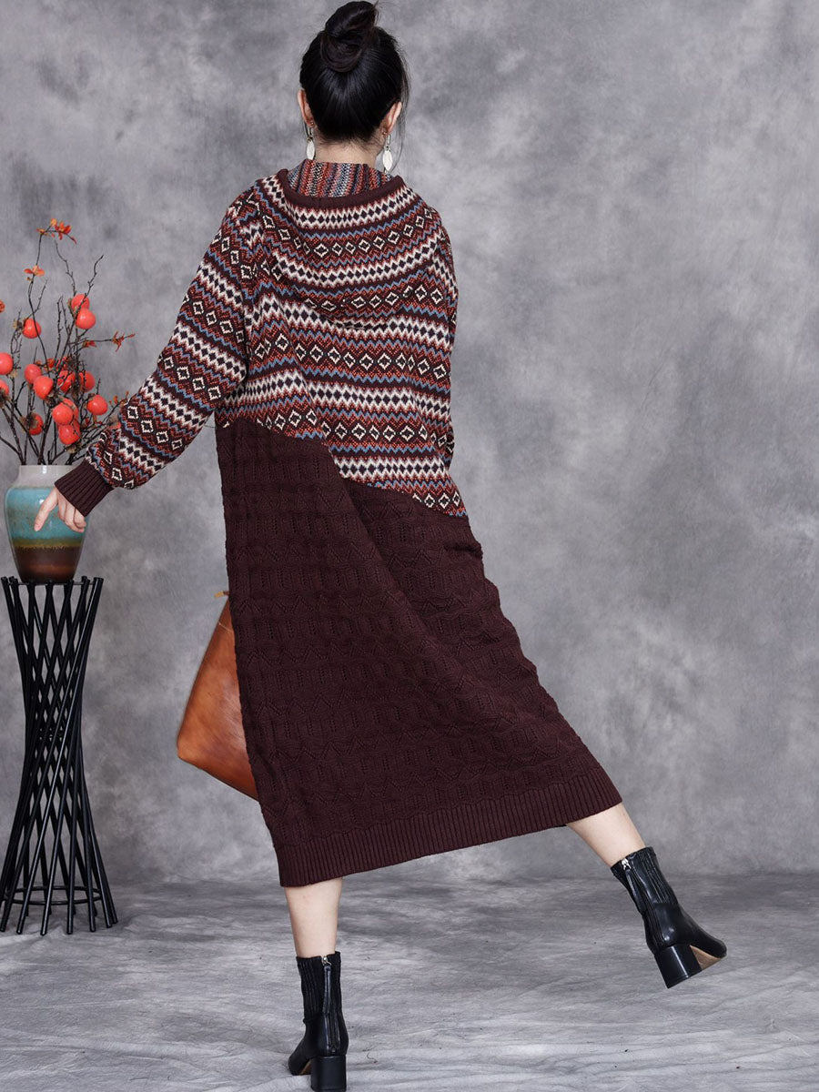 Women Autumn Artsy Spliced Knitted Hooded Dress