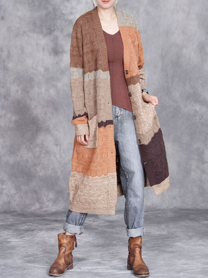 Women Autumn Artsy Colorblock Knitted V-Neck Cardigan Coat