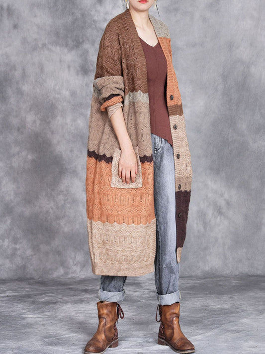 Women Autumn Artsy Colorblock Knitted V-Neck Cardigan Coat