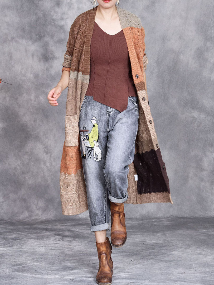 Women Autumn Artsy Colorblock Knitted V-Neck Cardigan Coat