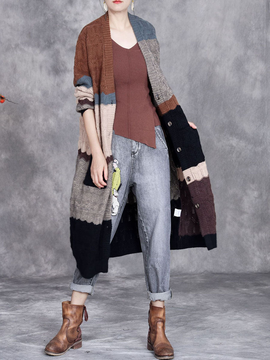 Women Autumn Artsy Colorblock Knitted V-Neck Cardigan Coat