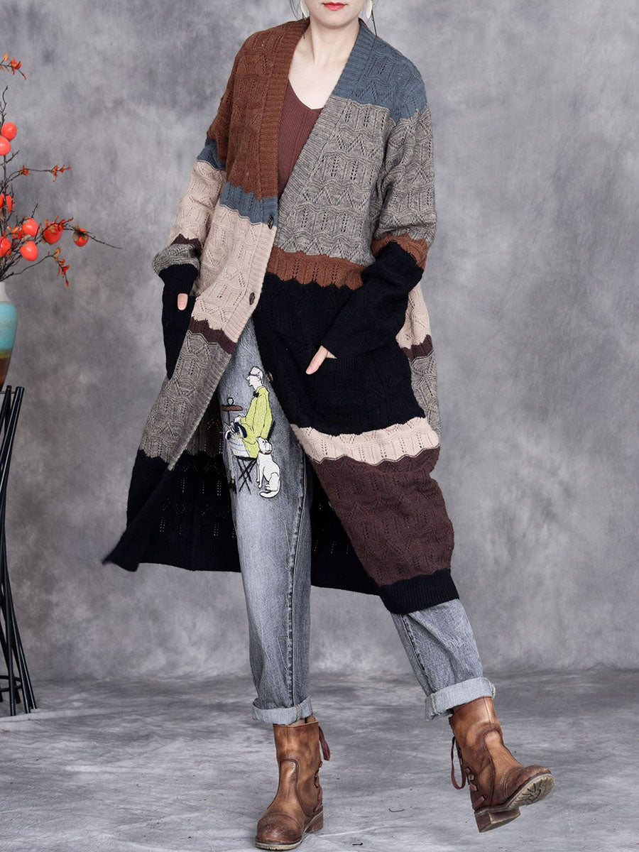 Women Autumn Artsy Colorblock Knitted V-Neck Cardigan Coat