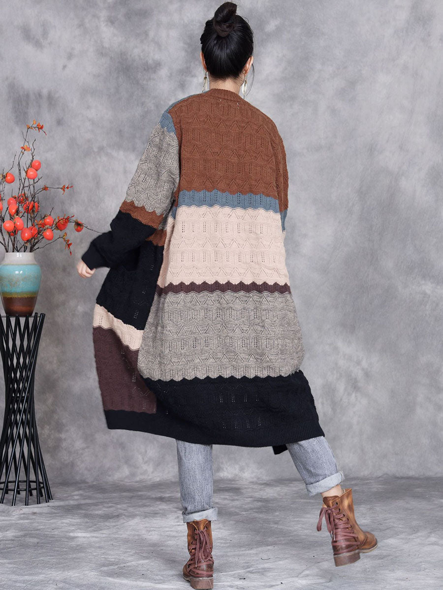 Women Autumn Artsy Colorblock Knitted V-Neck Cardigan Coat