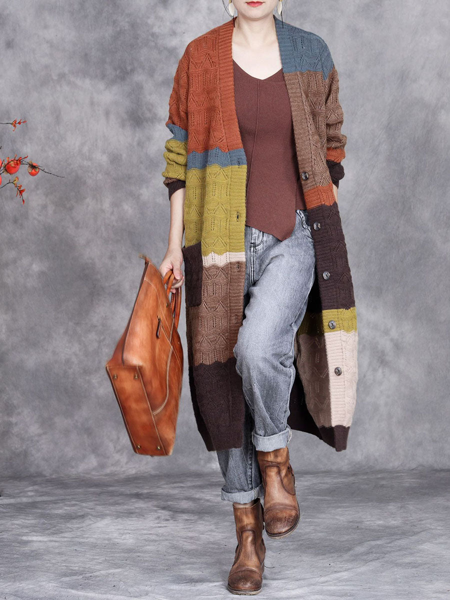 Women Autumn Artsy Colorblock Knitted V-Neck Cardigan Coat