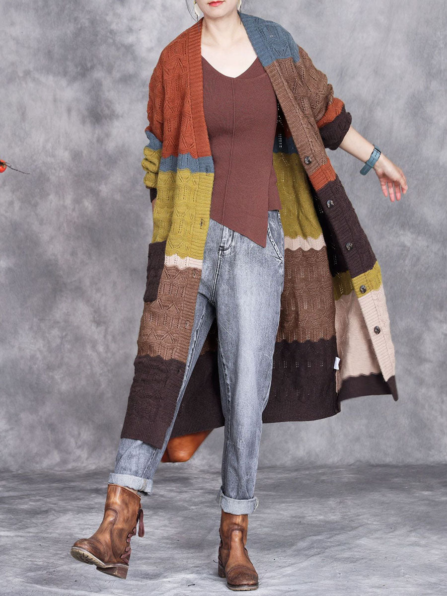 Women Autumn Artsy Colorblock Knitted V-Neck Cardigan Coat