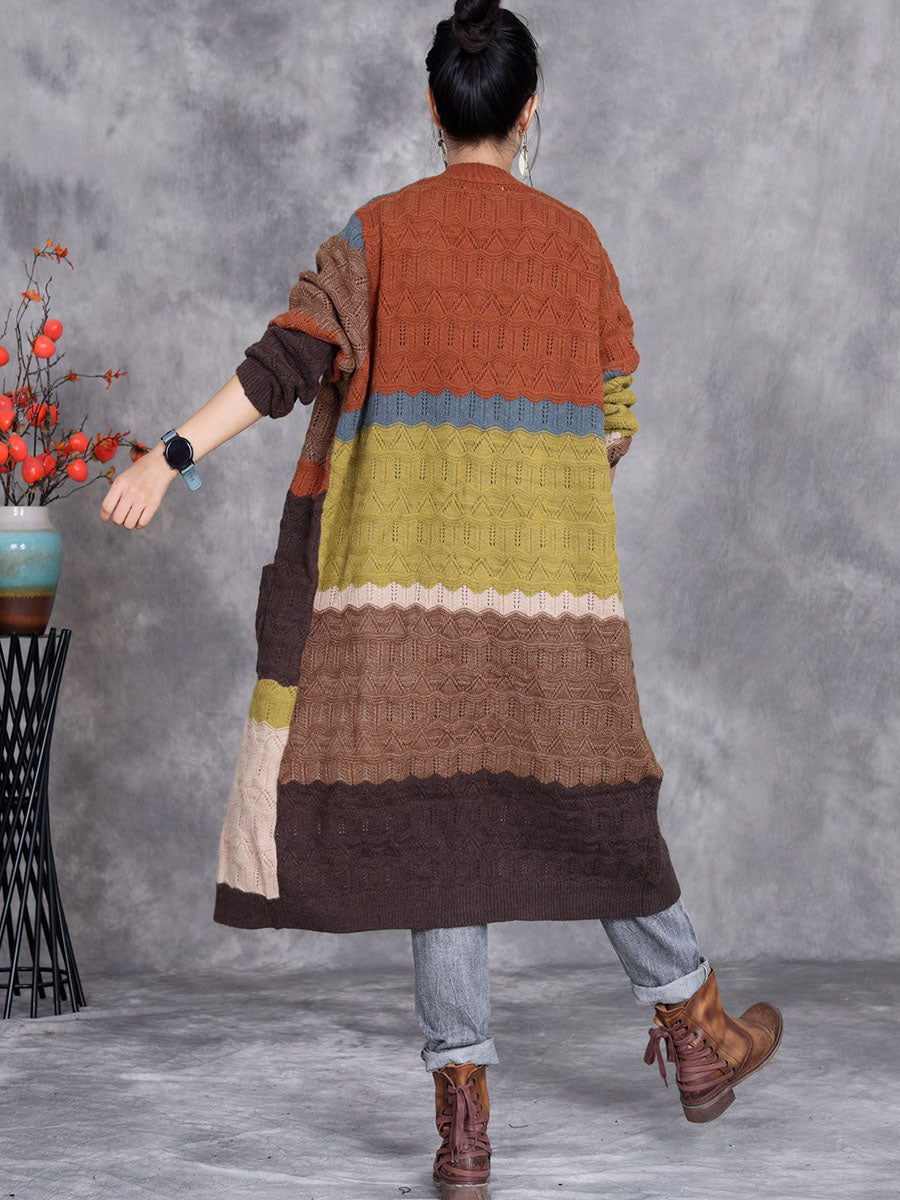 Women Autumn Artsy Colorblock Knitted V-Neck Cardigan Coat