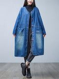 Women Casual Autumn Washed V-Neck Denim Long Coat