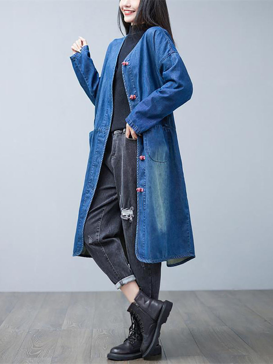 Women Casual Autumn Washed V-Neck Denim Long Coat